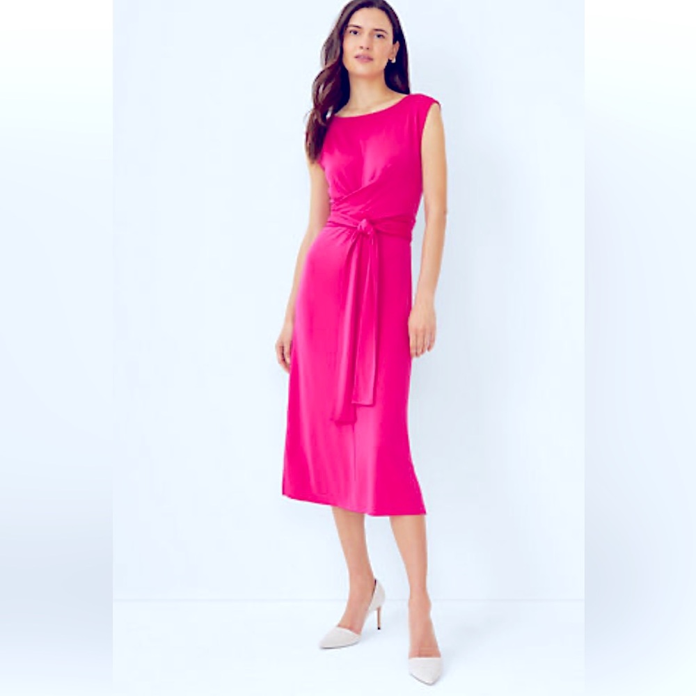 โค๏ธโค๏ธโค๏ธNWT ANN TAYLOR CAP SLEEVE TIE WAIST MIDI DRESS PINK FLARE Sz 0 Reg.โค๏ธโค๏ธโค๏ธ - Picture 3 of 6